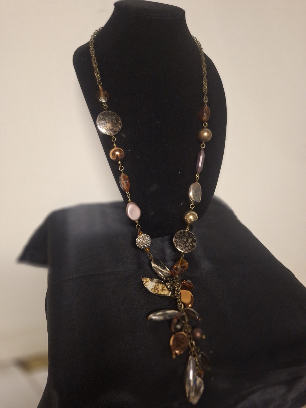 Brown and Gold Large Beaded Very Long Pendant Necklace. 23" Drop